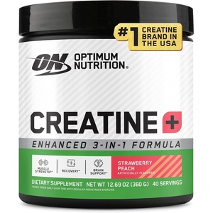 image:imageOptimum Nutrition Creatine Monohydrate Plus Powder Strawberry Peach Flavored Creatine Performance Blend with Electrolytes for Hydration Added Vitamins 40 Servings 360 Grams Packaging May Vary